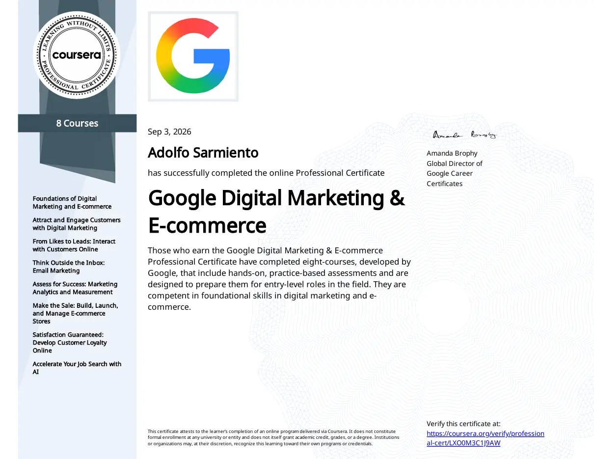 Certificado profesional Google Digital Marketing y E-commerce otorgado a Adolfo Sarmiento