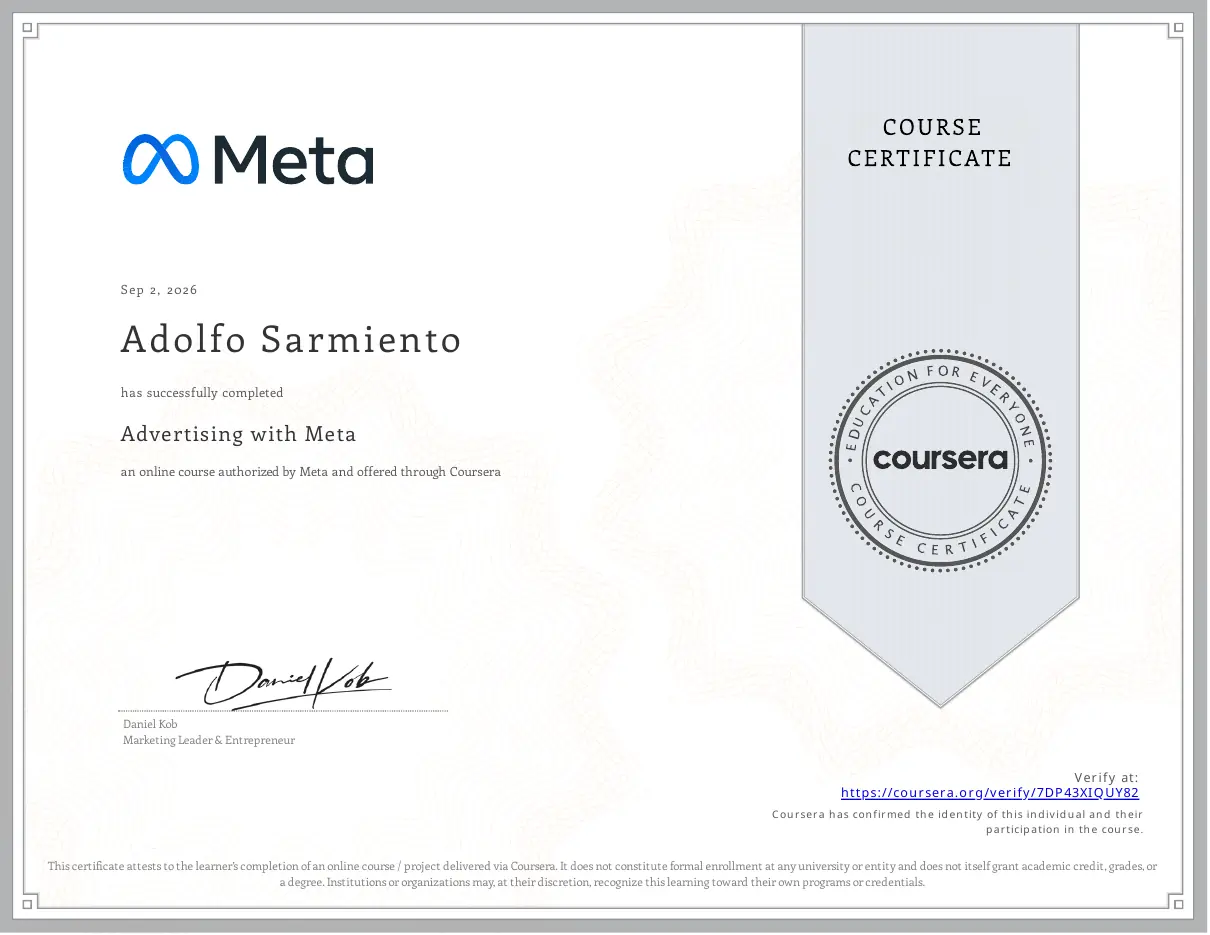 Certificado Advertising with Meta otorgado a Adolfo Sarmiento