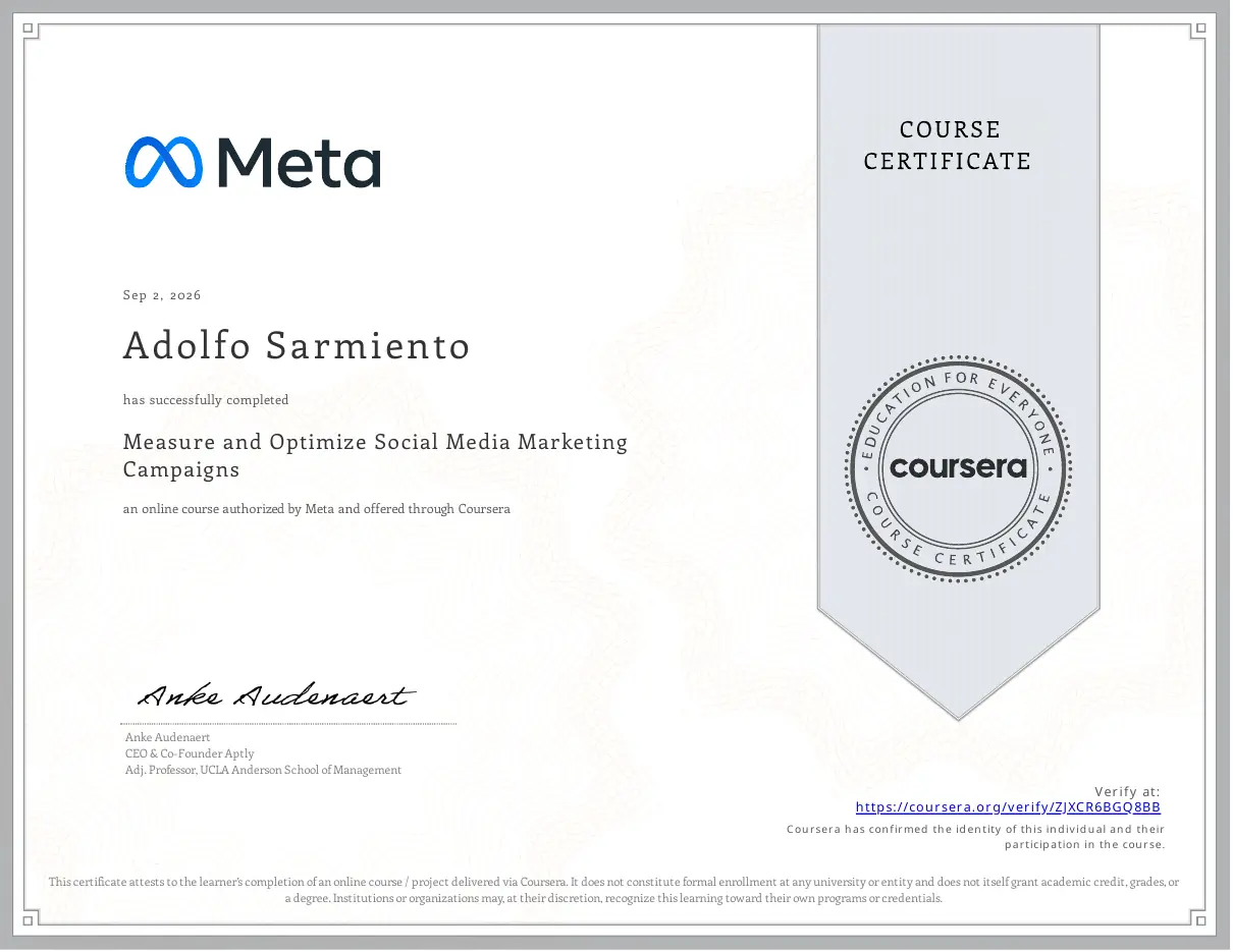 Certificado Measure and Optimize Social Media Marketing Campaigns otorgado a Adolfo Sarmiento