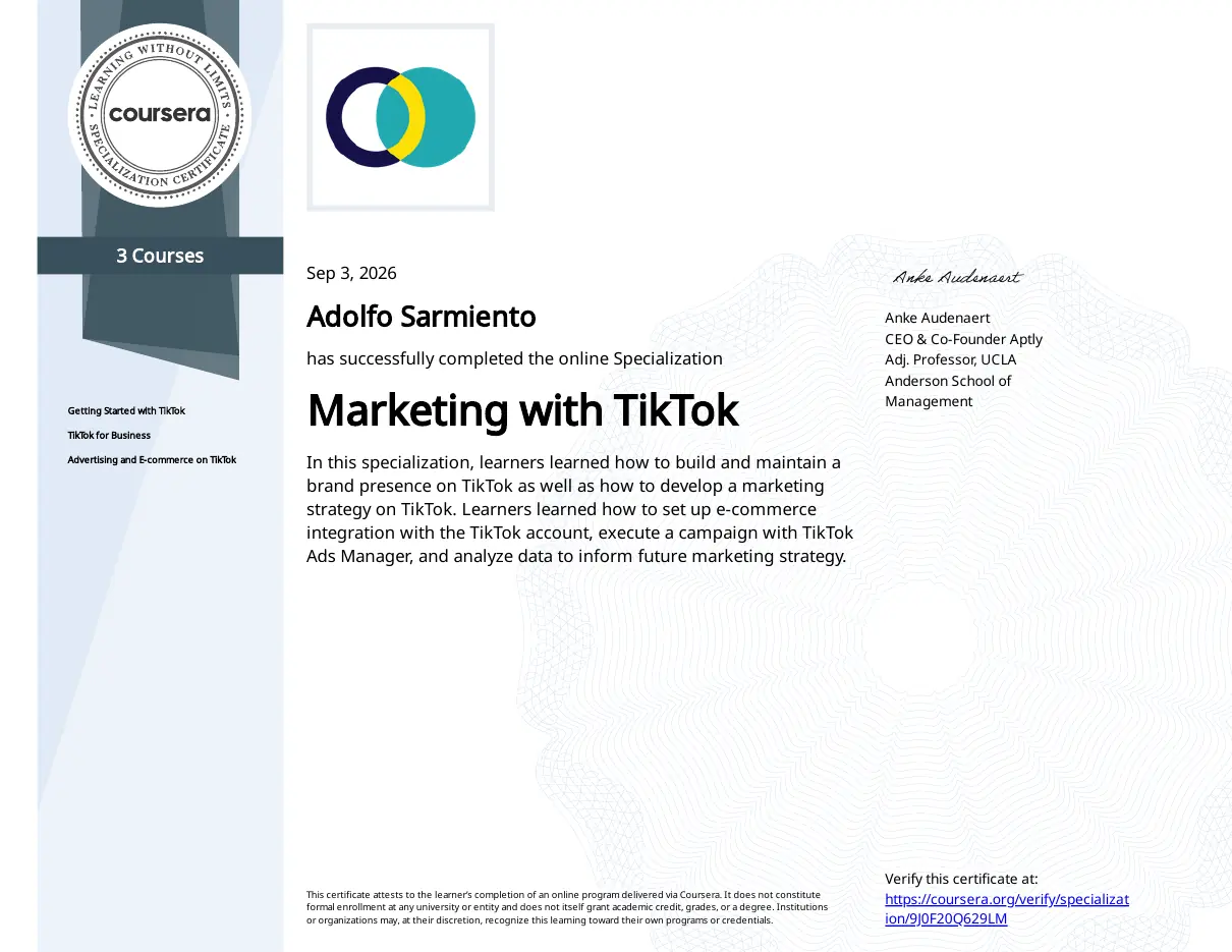 Certificado de especialización Marketing with TikTok otorgado a Adolfo Sarmiento